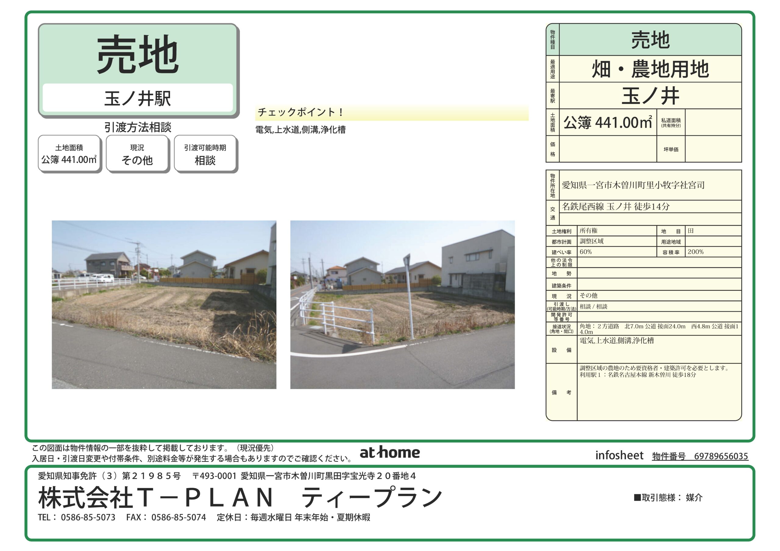 一宮市 木曽川町里小牧字社宮司 (玉ノ井駅) 畑・農地用地